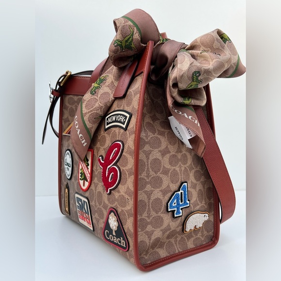 Coach Handbags - COACH Field Tote In Signature Jacquard Canvas With Patches & Rexy Scarf
